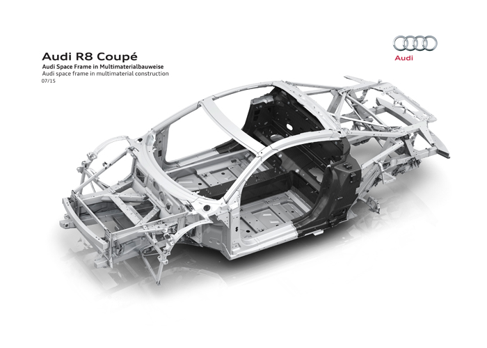 Het Audi Space Frame (ASF) weegt slechts 200 kilo waarbij het topmodel bestaat uit 79 procent aluminium en 13 procent vezelversterkte composieten.