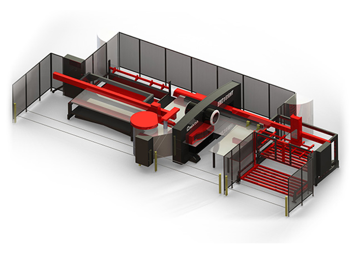 Voorbeeld van automatiseringsoplossingen voor Amada pons- en lasersnijmachines.