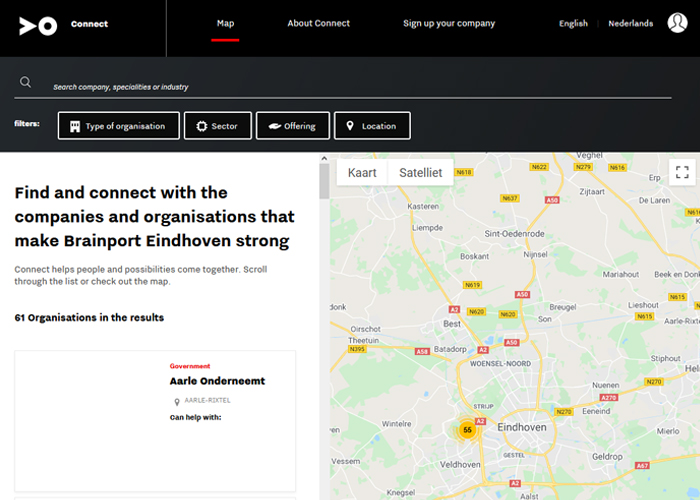 Wie Connect opent, ziet een grote kaart met prikkertjes en kan eenvoudig inzoomen op de eigen regio.