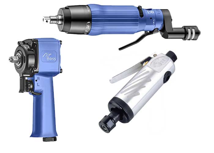 Air Boss Air Tools voert een breed assortiment dat bestaat uit drie categorieën: lucht/olie puls gereedschappen (Air Oil Pulse Tools), slagmoersleutels en slijpers op lucht.