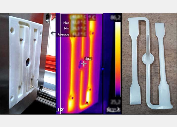 De foto laat links een additief vervaardigde spuitgietmatrijs zien, in het midden het is het spuitgietproces zichtbaar en rechts het gegoten prototype