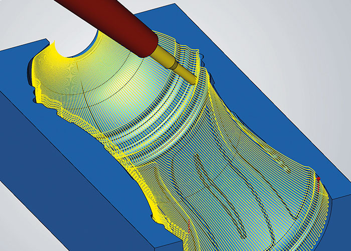 Een nieuwe radiale projectiemethode zorgt voor een snelle berekening van de gereedschapsbanen. Flesvormen kunnen eenvoudig worden geprogrammeerd met de nieuwe 5-assige radiale bewerkingsfunctie.
