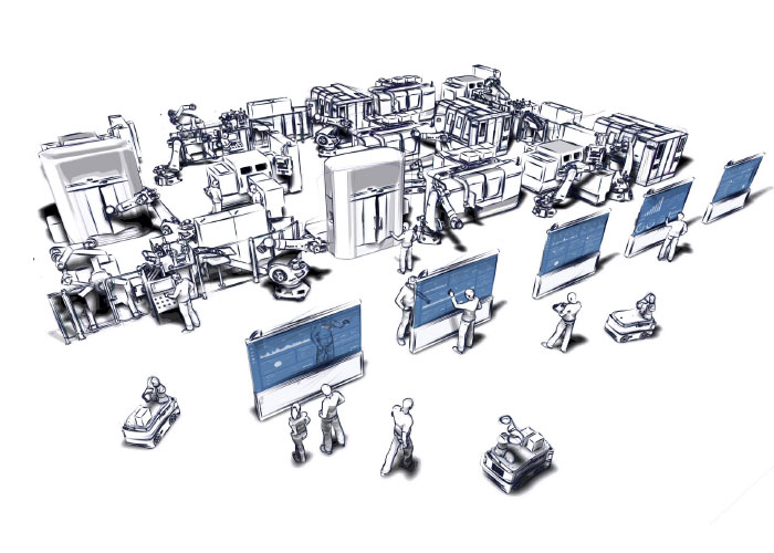 In het IoP-cluster wordt gewerkt aan besturingssystemen in de cloud voor de productie van de toekomst. (Tekening: Martin Riedel/Internet of Production)