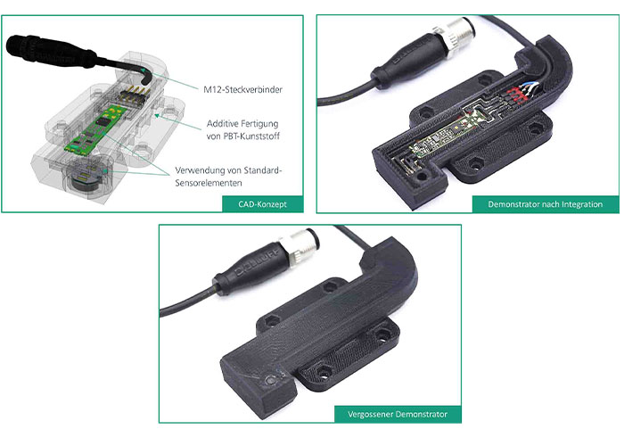 Demonstrator van de geïndividualiseerde sensor in de verschillende productiefasen: CAD-concept (linksboven), na de integratie van de elektronische componenten (rechtsboven) en als afgewerkte demonstrator (onder).