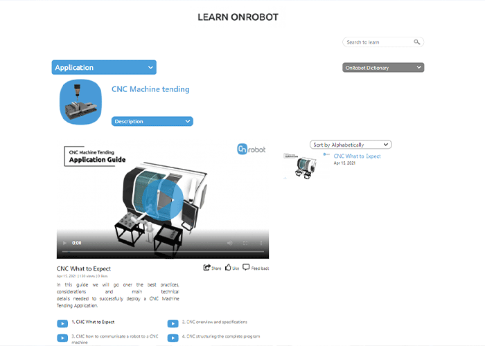 Learn OnRobot van OnRobot is een gratis online trainingsplatform voor het ontwerpen en implementeren van cobotapplicaties.