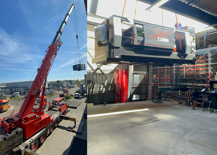 De nieuwe 12 kW fiber plaatlaser is bij ERBA Veenendaal door het dak getild en op zijn plek gezet. De komende weken zullen de engineers van Amada de nieuwe machine installeren en aansluiten op het volautomatische magazijn.