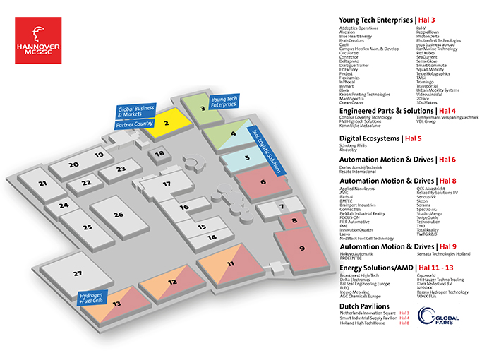 De beursplattegrond van de Hannover Messe met een overzicht van alle Nederlandse exposanten. 