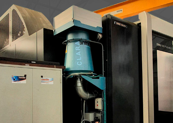 Sluiter Machining heeft verschillende type olienevelseparatoren van 3Nine in gebruik. Elk systeem is afgestemd op de afmetingen van de machinewerkruimte.