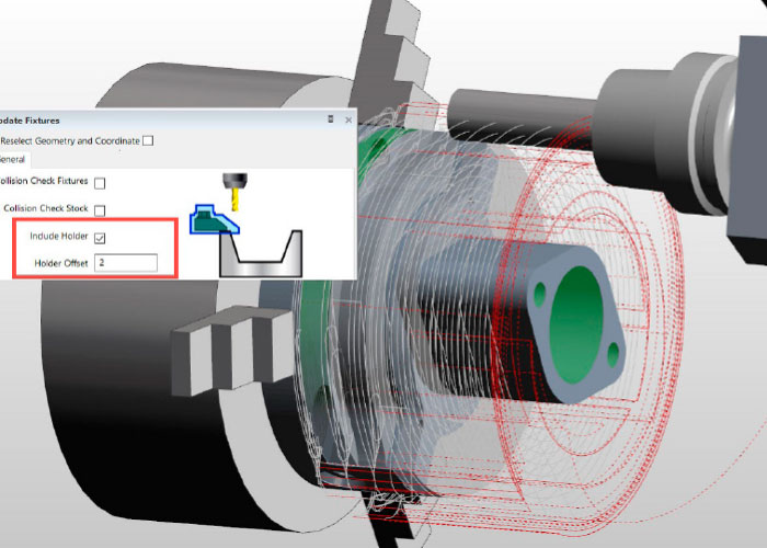 De nieuwe functie Dynamic Holder Collision Avoidance controleert tijdens het maken van de gereedschapsbanen op botsingen tussen het gereedschap en de houder tegen zowel het 3D-model, het ruwdeel als de opspanning.