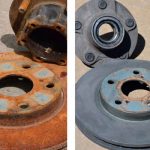 Metalen onderdelen voor en na behandeling met de roestverwijderaar Evapo-Rust van CRC Industries.