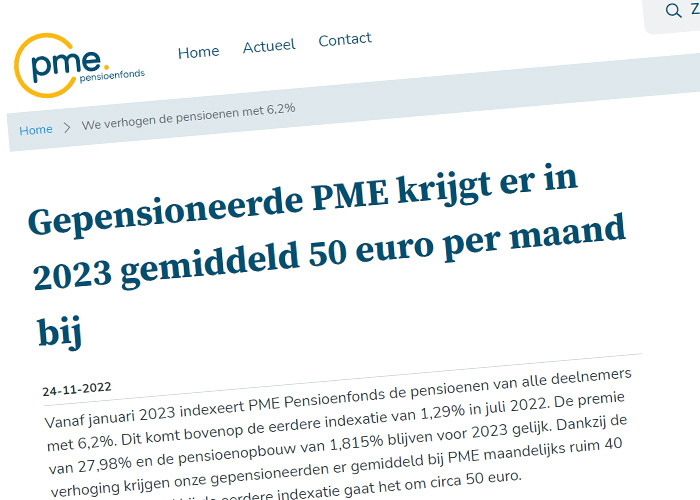 PME heeft ruim 170.000 gepensioneerden die vanaf januari 2023 de pensioenuitkering zien stijgen.