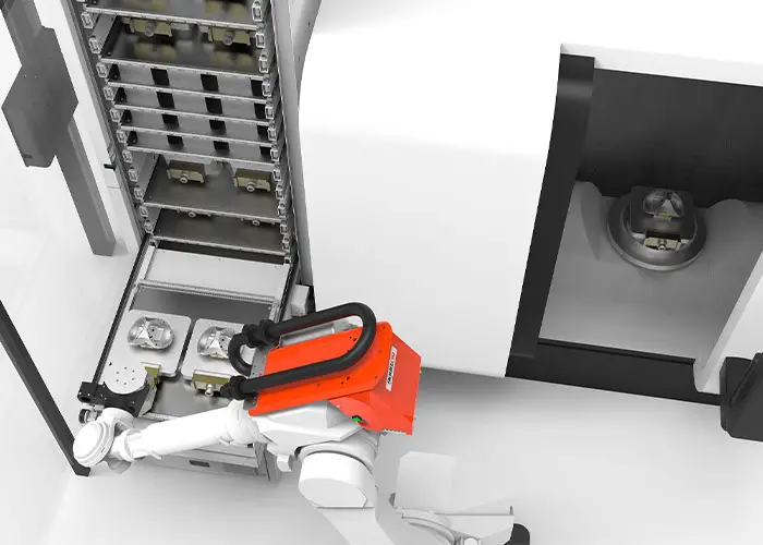 Een Tower-systeem van RoboJob, opgesteld aan een Mazak Integrex i-250HS, zal samenwerken met een Kumatech AGV. Een Tower-systeem van RoboJob, opgesteld aan een Mazak Integrex i-250HS, zal samenwerken met een Kumatech AGV.