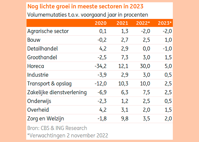 ING Research voorspelt nog lichte groei in meeste bedrijfssectoren in 2023.