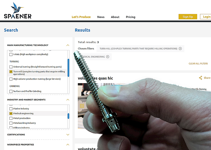 Dankzij een uitgebreid filtersysteem kunnen bezoekers op het SPAENER platform de bewerkingsmachine en daarmee de toeleverancier vinden die past bij hun werkstukspecificaties.