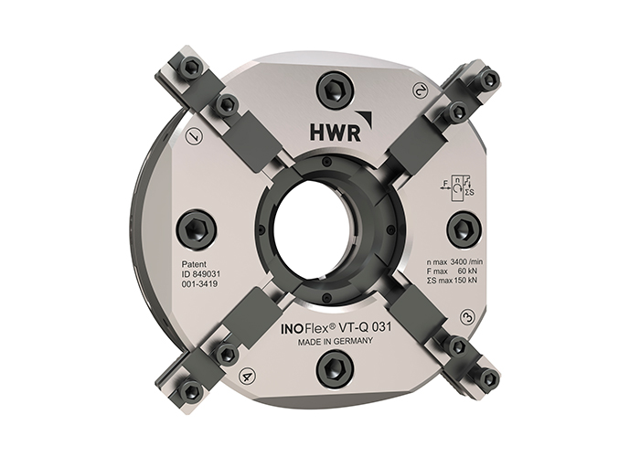 De nieuwe INOFlex VT-Q is een 4-klauwige power-klauwplaat met doorloop en snelwisselbekken.