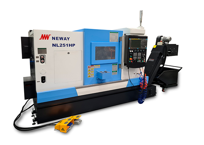 De Neway NL251HP CNC draaimachine wordt getoond met een hydraulische drieklauwplaat van 250mm en een stafdoorlaat van 65mm. 