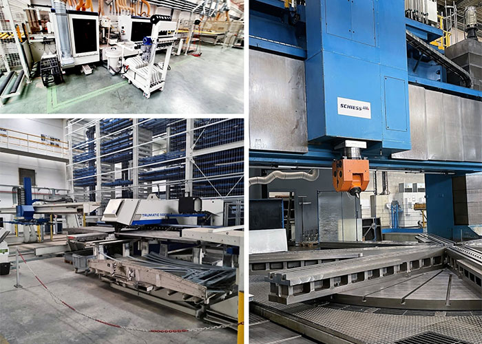 De duurste machines die in 2023 via Surplex werden verkocht: een productielijn van een meubelfabrikant (linksboven), een complete silo-productie-installatie (linksonder) en een Schiess heavy duty draaibank (rechts).