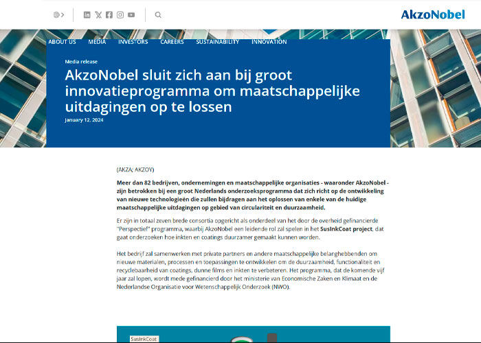 AkzoNobel gaat samenwerken met Canon, Evonik, GFB, PTG en RUG Ventures, die samen beschikken over uitgebreide kennis van marktvragen, supply chains en productieprocessen.