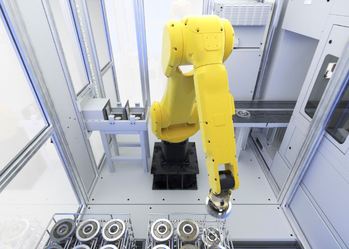 In automatiseringscellen met pallets bevinden werkstukken op een vaste positie. Hieruit kan de robot het systeem beladen en ontladen.