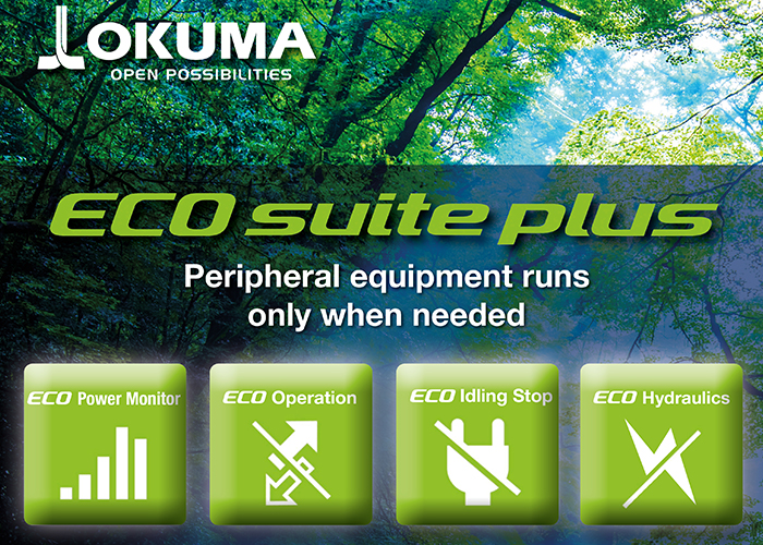 Okuma's ECO Suite Plus bestaat uit vier systemen die het energieverbruik en de CO2-uitstoot aanzienlijk verminderen.