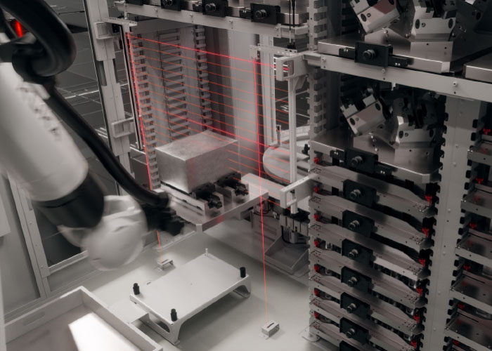 Het RS 2 GEN2-robotsysteem meet met een lasermeetsysteem de afmetingen van de pallet en het product.