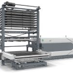 De magazijnsystemen voor de plaatlasersnijmachines LS5, LS7 en LS9 blinken uit door een kleine footprint omdat de toren direct boven de wisseltafel is geplaatst.