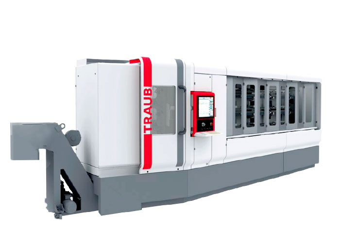 De Traub MS12-4, een nieuwe meer-spil lang-/kort-draaiautomaat voor kleine werkstukken met diameters van 3 tot 13 mm.