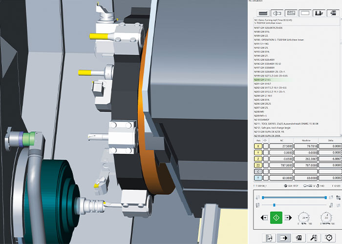 HyperMILL Turning Solutions: betrouwbare simulatie en betrouwbare botsingscontrole bij complexe revolverconfiguraties.