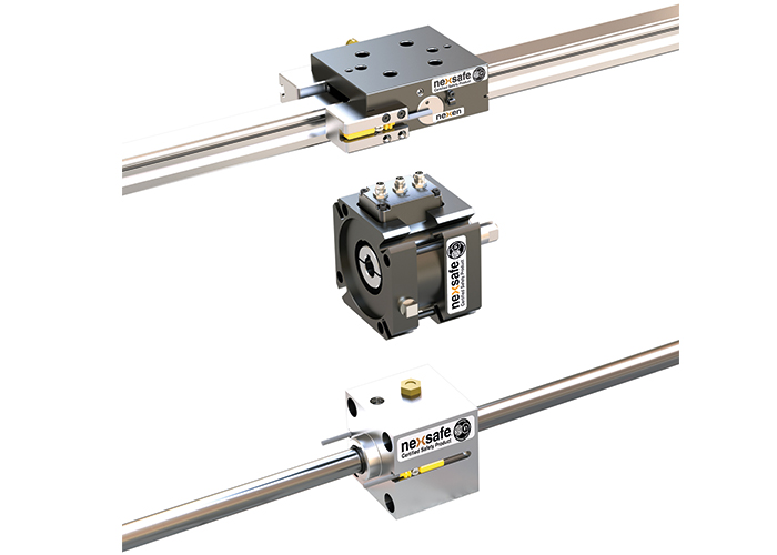 De functionele veiligheid gecertificeerde NexSafe-serie van Nexen omvat railremmen voor montage op profielgeleidingsrails (boven), servomotor remmen voor montage tussen servomotor en een overbrenging (midden) en as klemmen voor montage op pneumatische cilinders (onder).